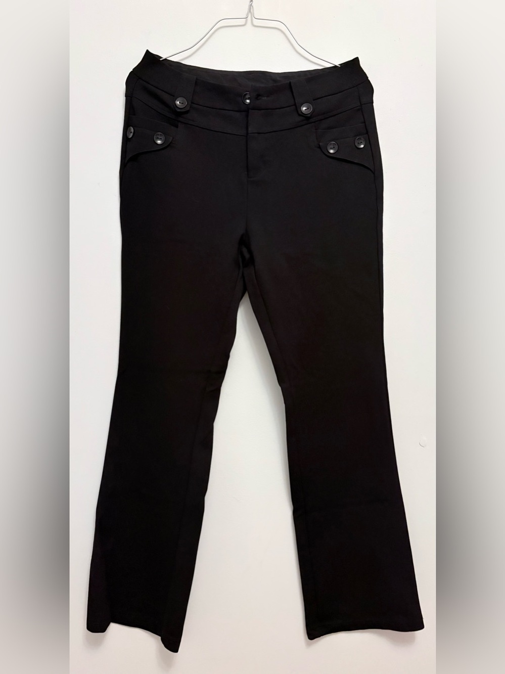 Women's Black Boot Cut Slacks with Button-Accent Waist